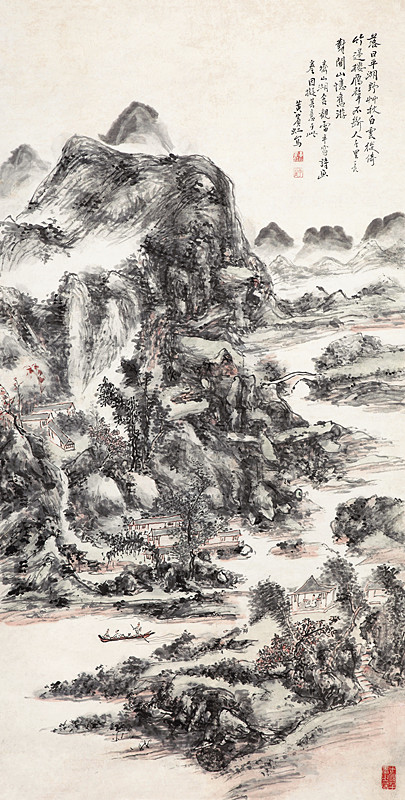 中国古美術・純手描き・四条屏・山水画芯・国画・黄宾虹印款